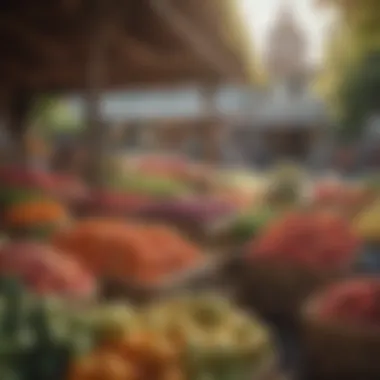 A vibrant marketplace displaying fresh produce and goods.