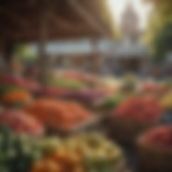 A vibrant marketplace displaying fresh produce and goods.