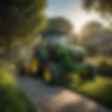John Deere tractor with various attachments in a landscaped garden