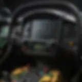 Close-up view of John Deere tractor dashboard with controls