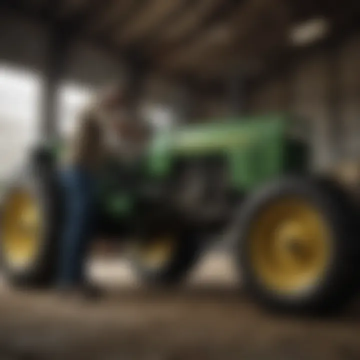 Technician performing maintenance on John Deere tractor