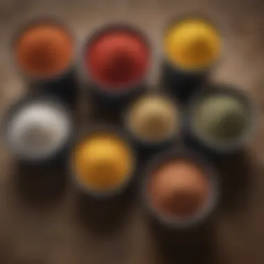 An illustration of various types of granulated fertilizers organized in containers.