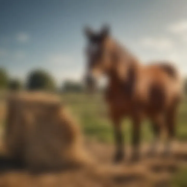 A horse feeding calmly from a hay net holder