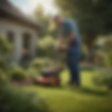 Efficient Gardening with Battery Tools Gardener using battery-powered tools in lush garden