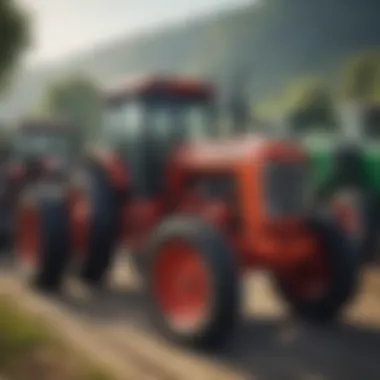 A diverse range of tractors displayed at a local dealership