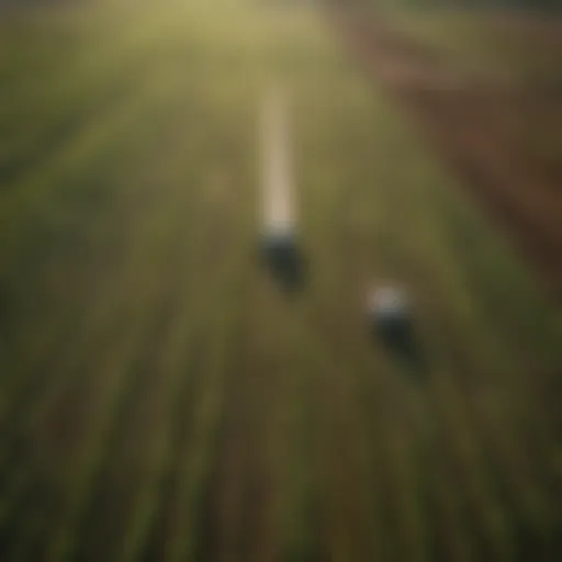 An aerial view of a sustainable farm featuring diverse crops and advanced irrigation systems