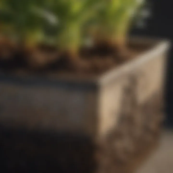 Close-up of soil and plants in a plastic raised planter