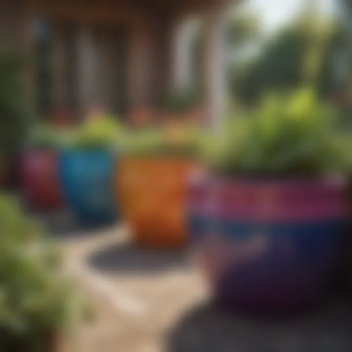 Colorful plastic raised vegetable planters in a garden setting