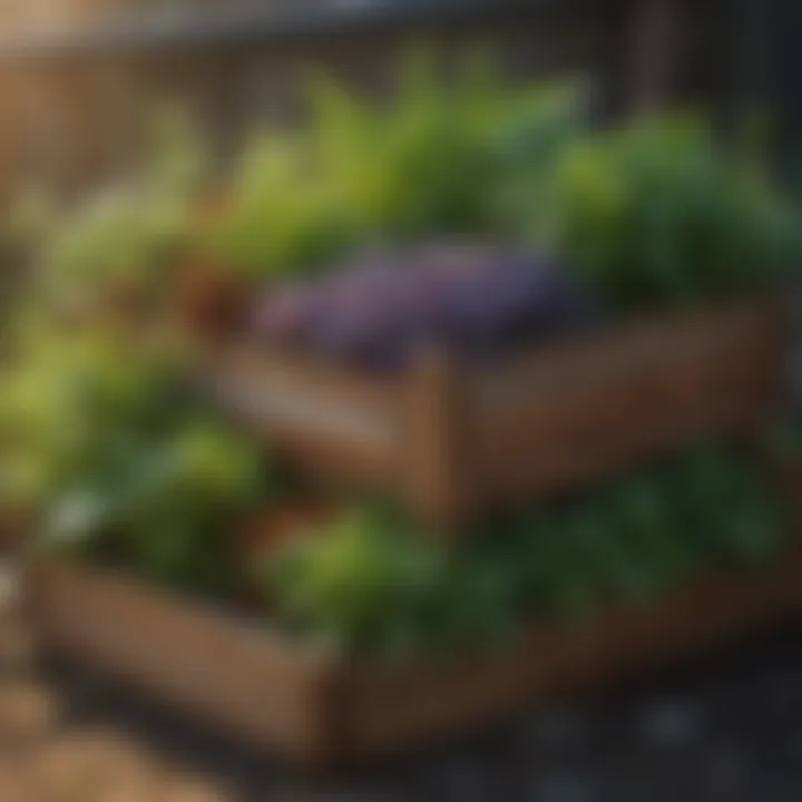 A variety of herbs and vegetables thriving in plastic raised planters