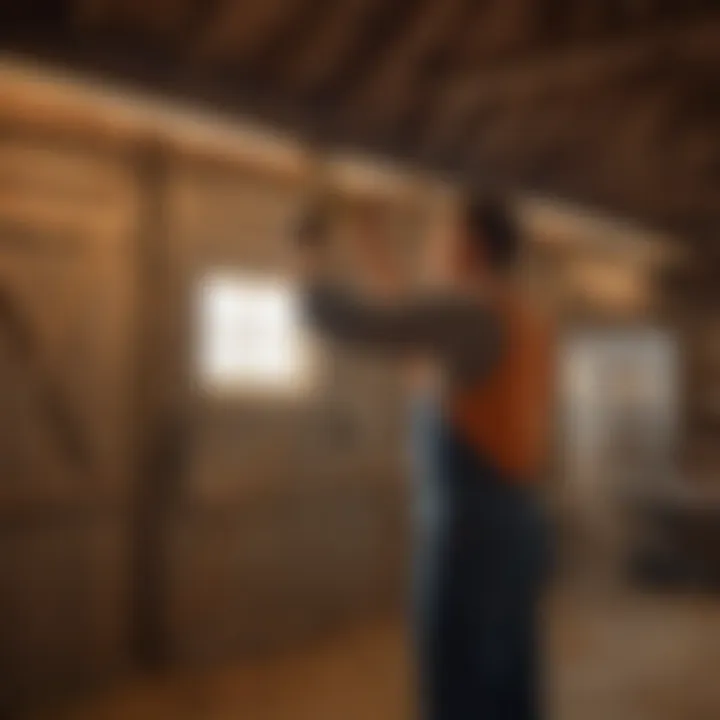 An agricultural worker installing a plug-in barn light, demonstrating the simplicity of the installation method.