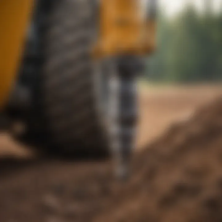 Close-up of a post hole digger's auger cutting through soil