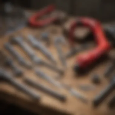 Maintenance tools for post hole diggers laid out on a workbench