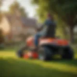 Modern rideable lawn mower in action