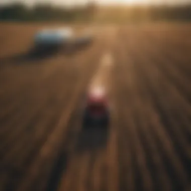 Aerial view of an automated farming system at work.