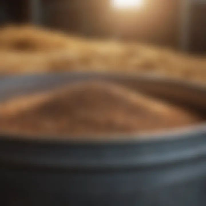 Close-up of grain stored in a metal bin