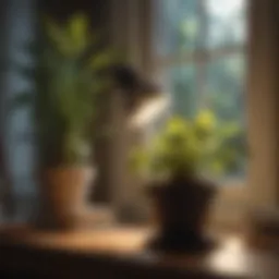 A small sun lamp illuminating a thriving indoor plant