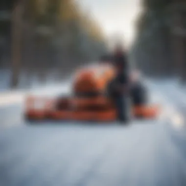 An innovative snow blade attached to a zero turn mower in a snowy landscape