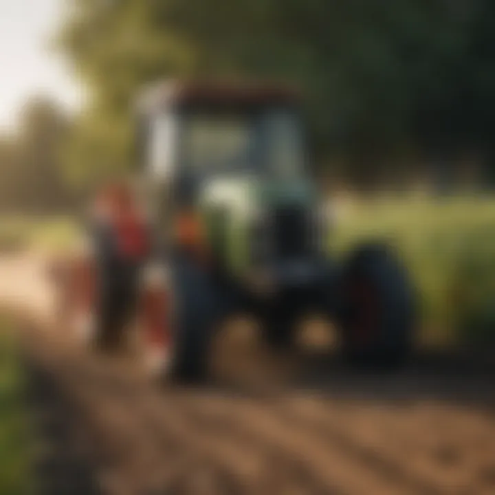 A sub compact utility tractor navigating a small field.