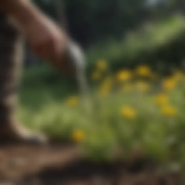 Application of granular herbicide in a garden setting
