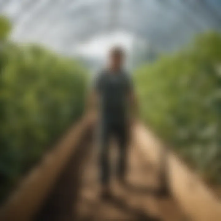 A farmer tending to plants inside a hoop house, highlighting sustainable practices.