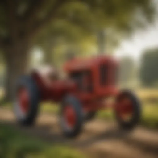 A vintage Farmall Cub tractor in a picturesque rural setting