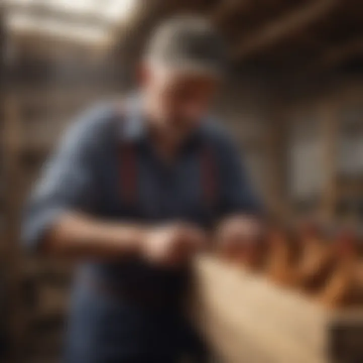 A farmer examining market trends for chicken nesting boxes.