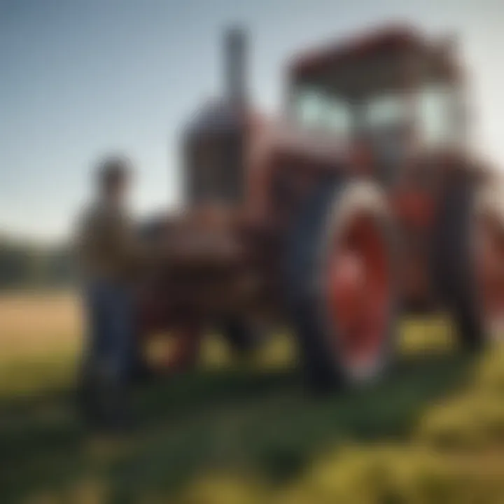 Farmer examining vintage equipment