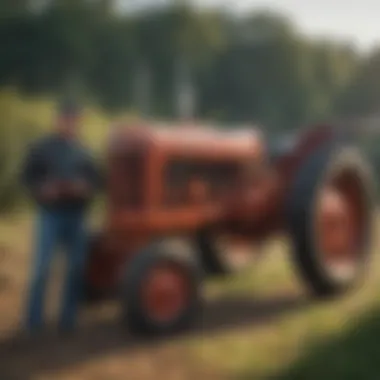 Evaluating a Used Tractor A buyer evaluating a used tractor with a seller