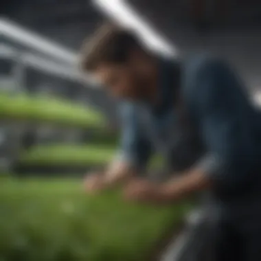 A gardener inspecting the growth of microgreens with careful attention.