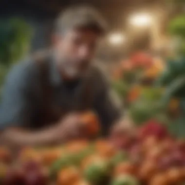Organic Produce Inspection A close-up of a farmer inspecting vibrant, organic produce.