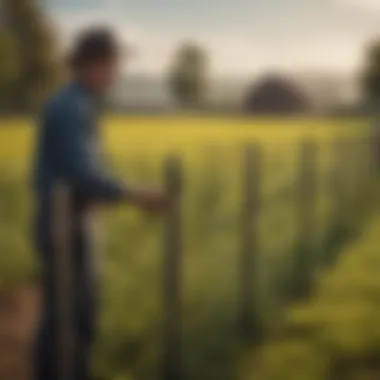 A farmer inspecting a well-maintained sucker rod fence