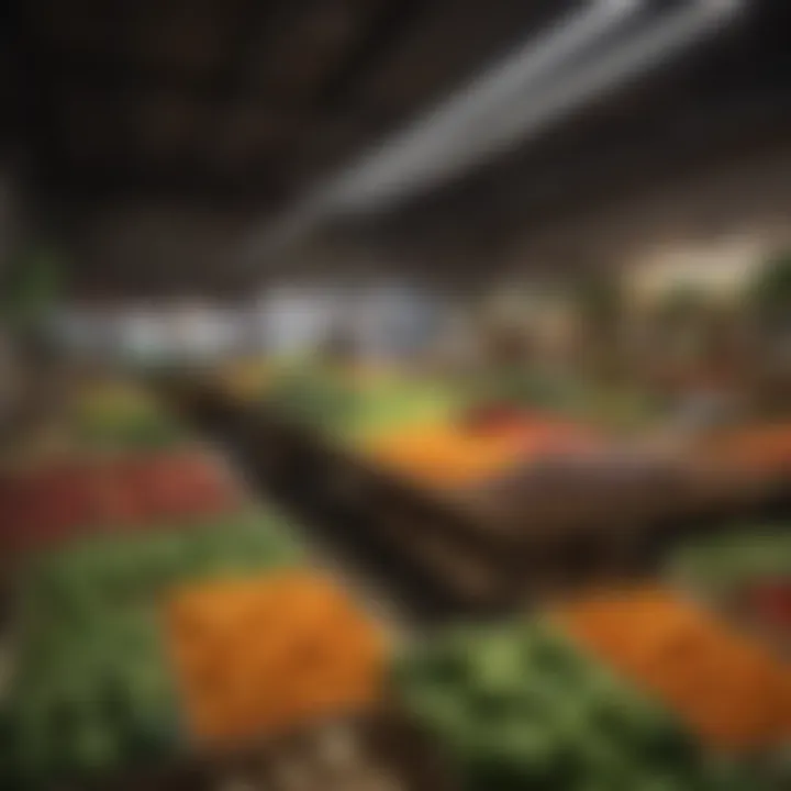 A vibrant urban farming store showcasing a variety of fresh produce and herbs.