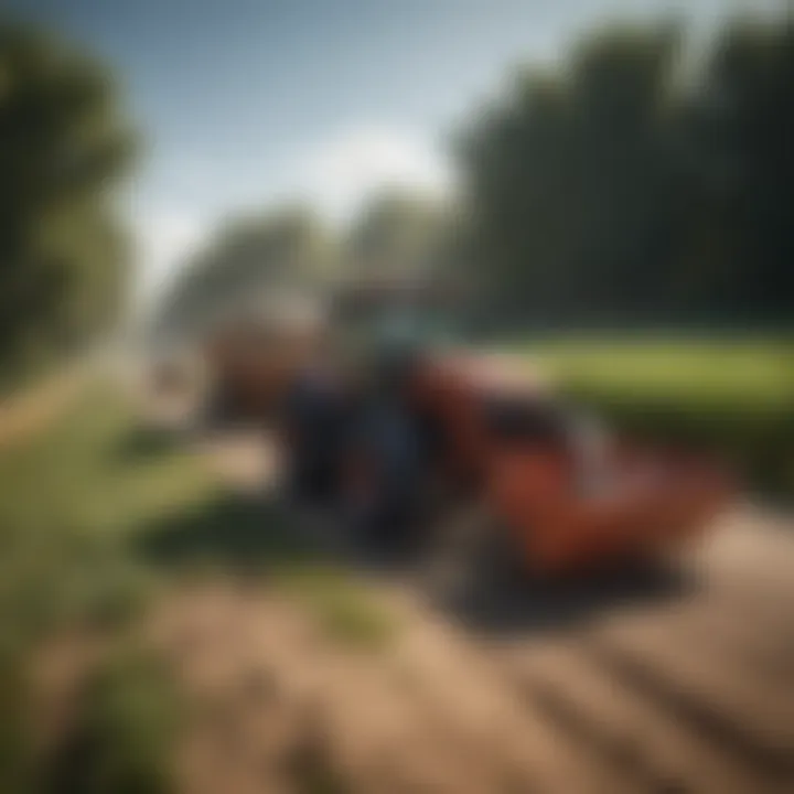 A tractor with a front bucket hauling materials in an agricultural setting.