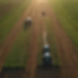 Aerial view of a virtual farm showcasing advanced agricultural technology.
