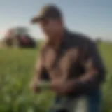 A farmer assessing crop health in a field