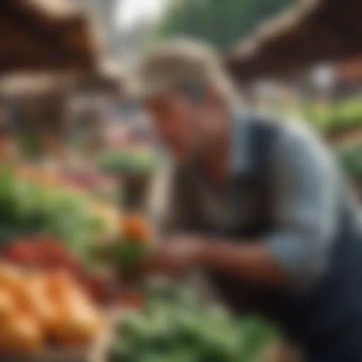 A farmer trader assessing crops in a vibrant marketplace