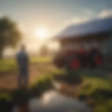 Future-Ready Farming Practices Farmers observing solar-powered system