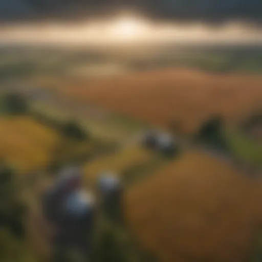 Aerial view of a vibrant farm landscape under diverse weather conditions