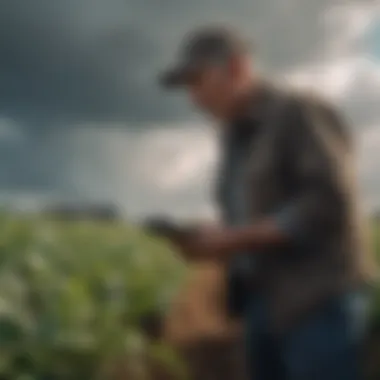 A farmer observing crops while analyzing weather patterns