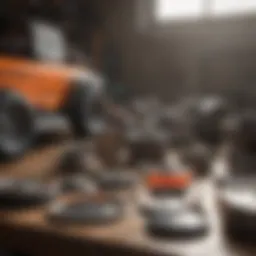 Diverse mower parts displayed on a table