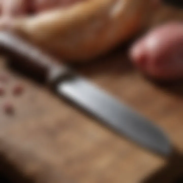 A close-up of a butcher's knife next to high-quality poultry