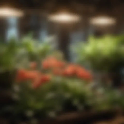 A close-up view of flora LED lights illuminating a thriving indoor garden.