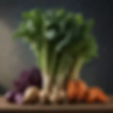 A colorful display of leafy greens and root vegetables high in potassium