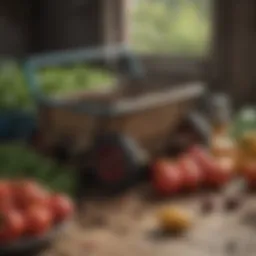 Farming tools laid out with fresh produce