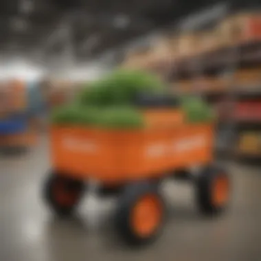 Various models of lawn carts displayed in a Home Depot aisle