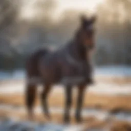A horse comfortably wearing a Horze turnout blanket in a snowy field showcasing warmth and protection.