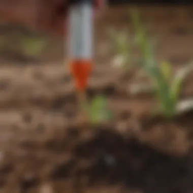 Close-up of soil sample being tested with pH meter