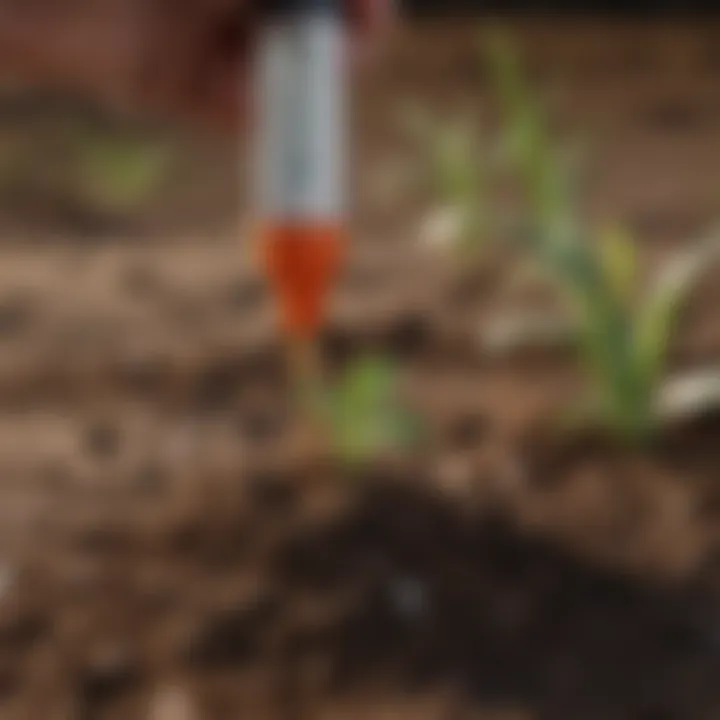 Close-up of soil sample being tested with pH meter