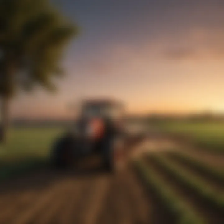 Agricultural landscape illuminated by LED sprayer boom lights at dusk