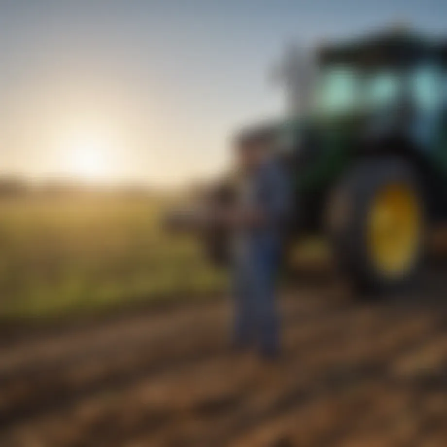 A farmer utilizing JD Equipment Finder on a tablet in the field